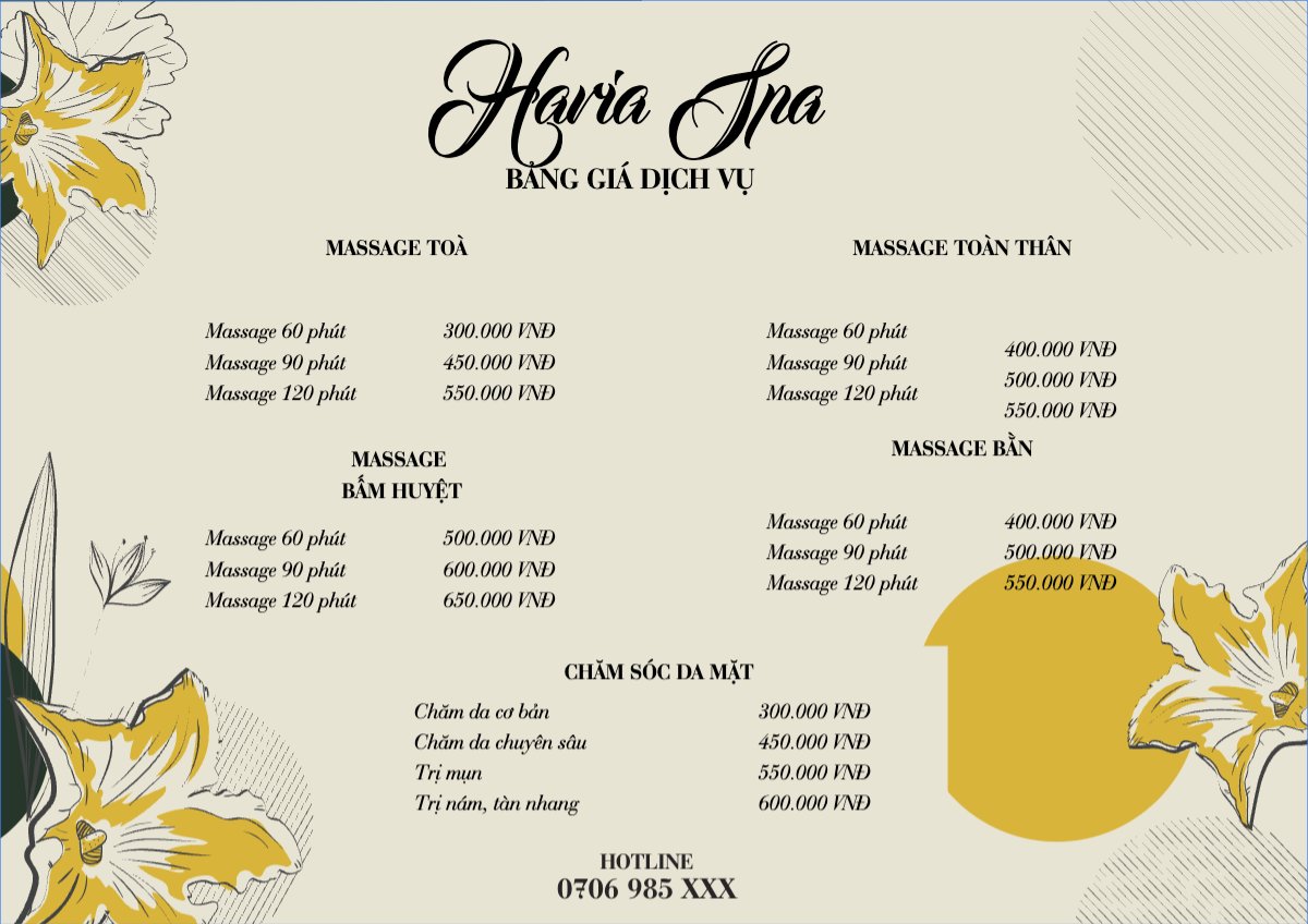 Mẫu Menu tờ rời (ngang) Spa, beauty, làm đẹp, thẩm mỹ,gội đầu, massage — LayerPic