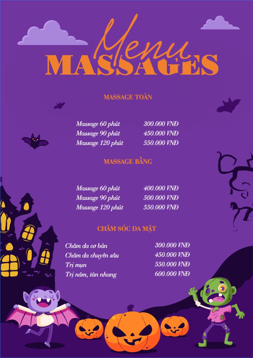 Mẫu Menu tờ rời (dọc) Halloween, spa, beauty, làm đẹp, thẩm mỹ — LayerPic