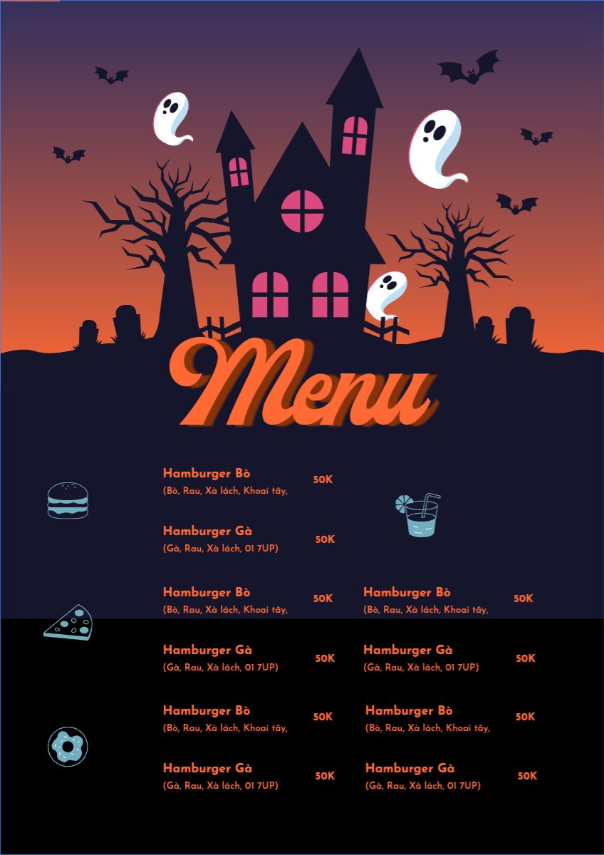 Mẫu Menu tờ rời (dọc) Halloween, đồ ăn, food, thực phẩm, ẩm thực, món ăn, F&B, nhà hàng, thức ăn — LayerPic