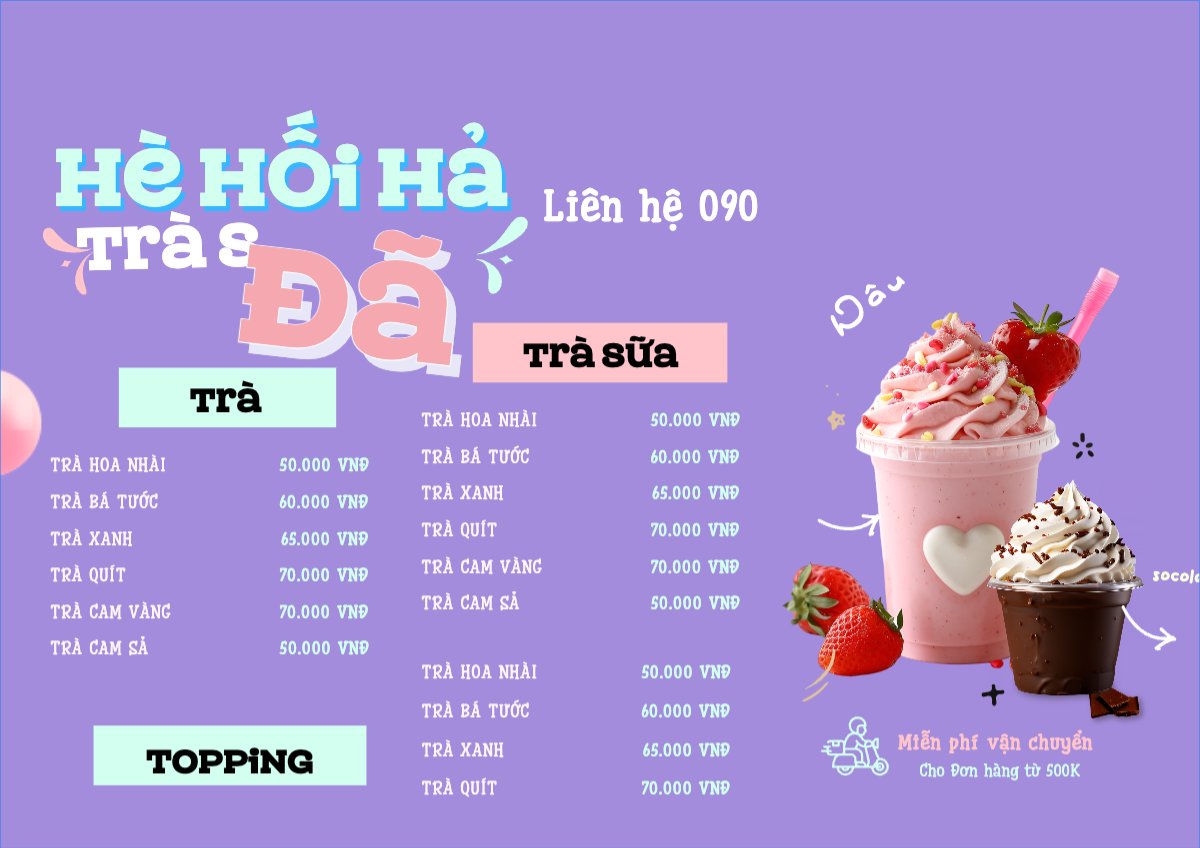 Mẫu Menu tờ rời (ngang) Nước uống, juice, giải khát, F&B, drink, nước ép, sinh tố, smoothie — LayerPic