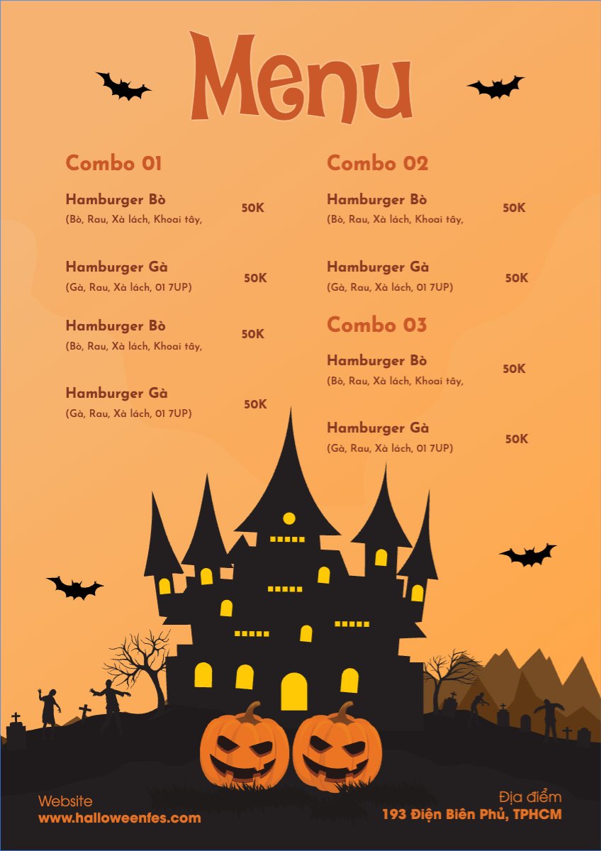 Mẫu Menu tờ rời (dọc) Halloween, đồ ăn, food, thực phẩm, ẩm thực, món ăn, F&B, nhà hàng, thức ăn — LayerPic