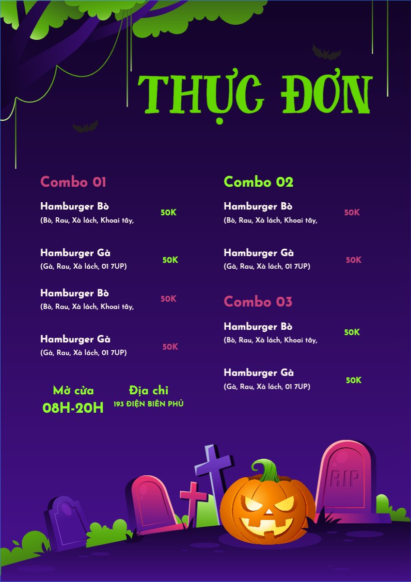 Mẫu Menu tờ rời (dọc) Halloween, đồ ăn, food, thực phẩm, ẩm thực, món ăn, F&B, nhà hàng, thức ăn — LayerPic
