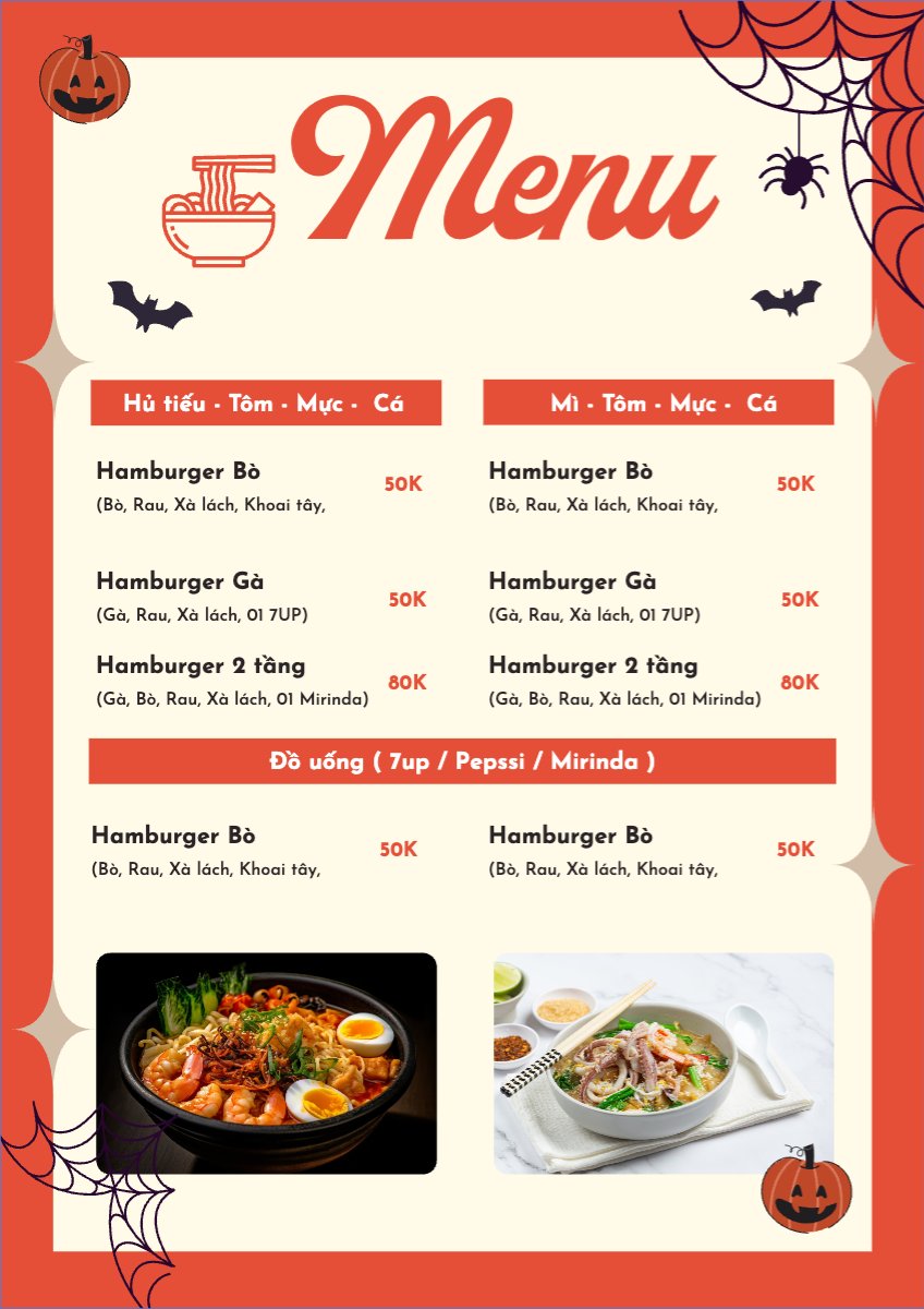 Mẫu Menu tờ rời (dọc) Halloween, đồ ăn, food, thực phẩm, ẩm thực, món ăn, F&B, nhà hàng, thức ăn — LayerPic