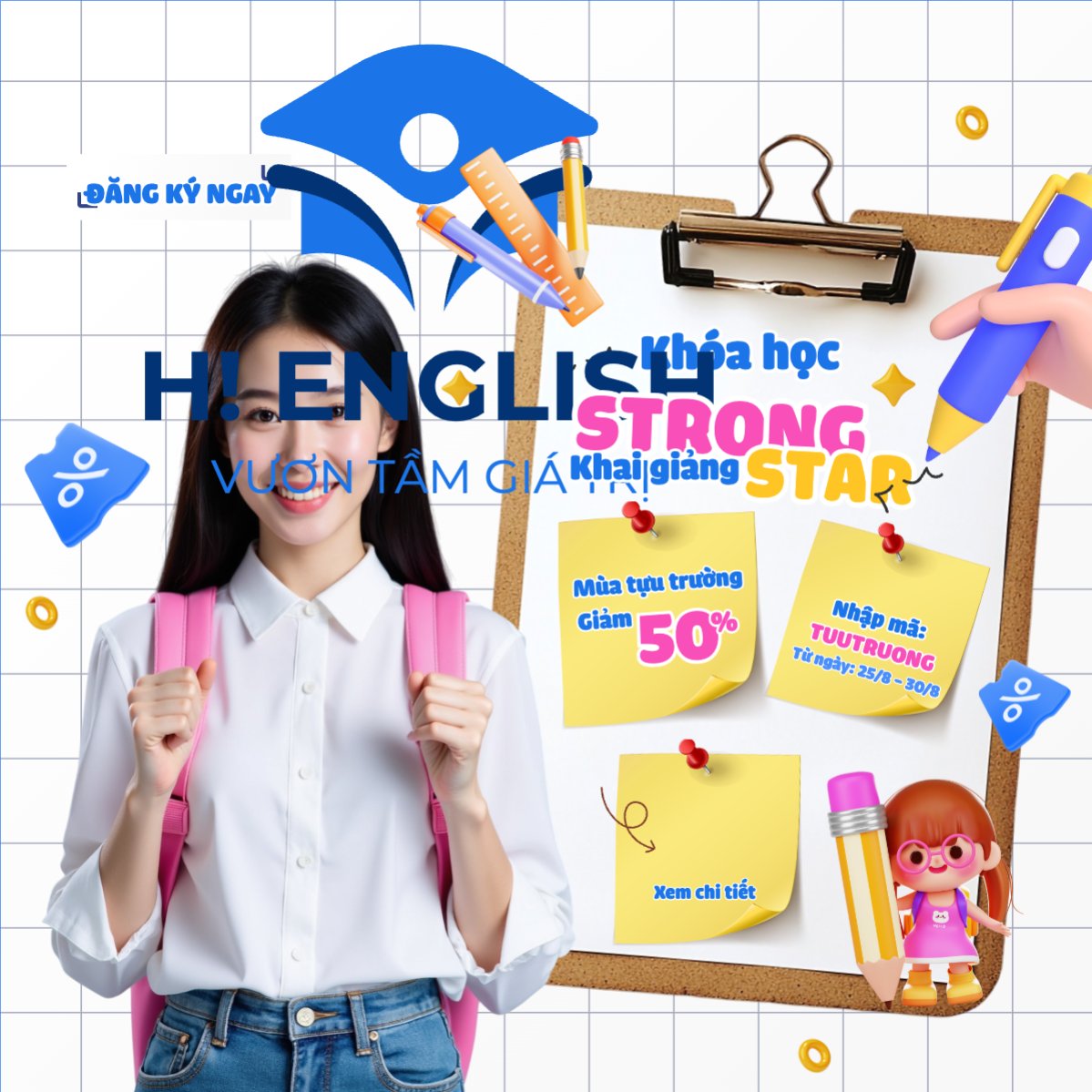 Mẫu Bài post MXH vuông Tựu trường, đến trường, nhập học, giáo dục, education, school, trường học,hiện đại, modern — LayerPic