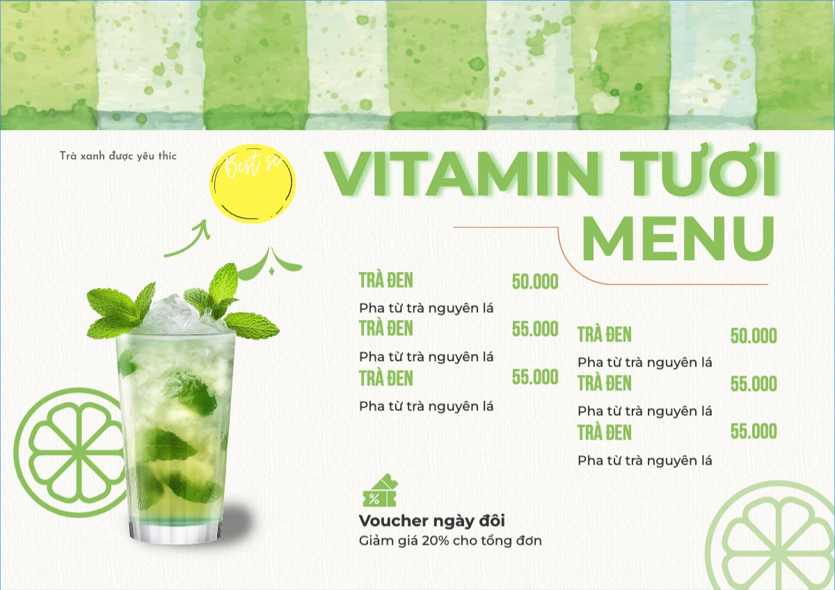 Mẫu Menu tờ rời (ngang) Nước uống, juice, giải khát, F&B, drink, nước ép — LayerPic