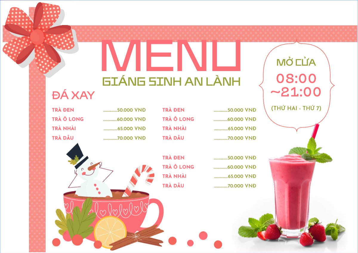 Mẫu Menu tờ rời (ngang) Nước uống, juice, giải khát, F&B, drink, nước ép, sinh tố, smoothie — LayerPic