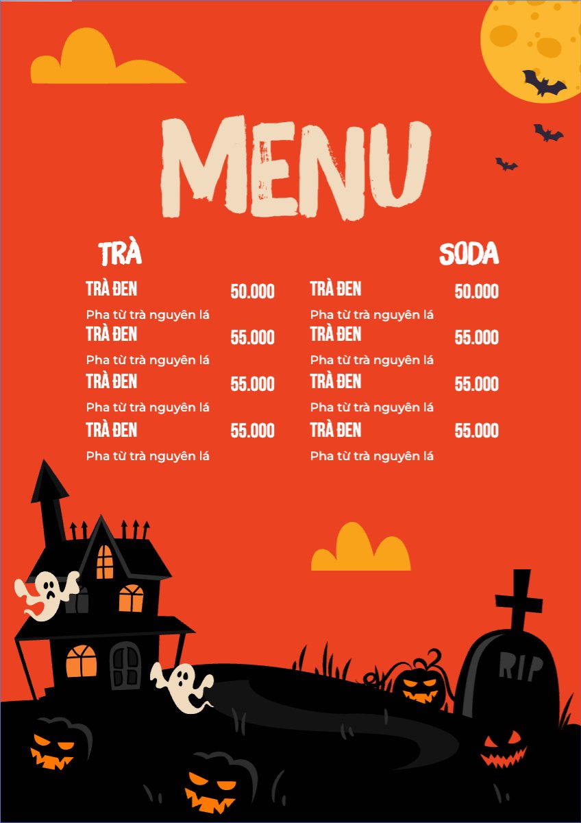 Mẫu Menu tờ rời (dọc) Halloween, nước uống, juice, giải khát, F&B, drink — LayerPic
