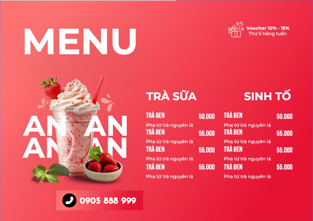 Mẫu Menu tờ rời (ngang) Nước uống, juice, giải khát, F&B, drink, nước ép, smoothie, sinh tố — LayerPic