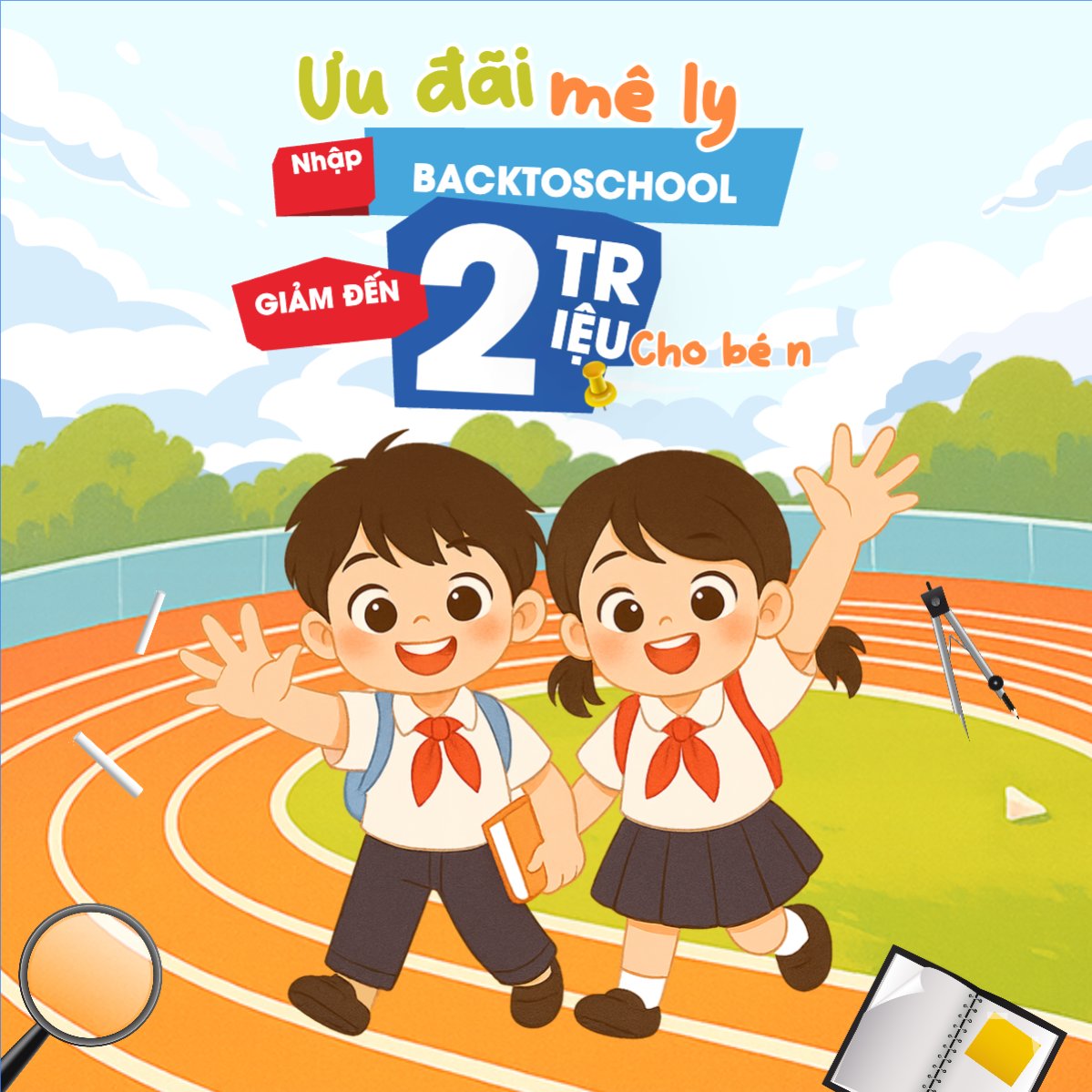 Mẫu Bài post MXH vuông Tựu trường, đến trường, nhập học, giáo dục, education, school, trường học, dễ thương, cute, chibi, hoạt hình, cartoon — LayerPic