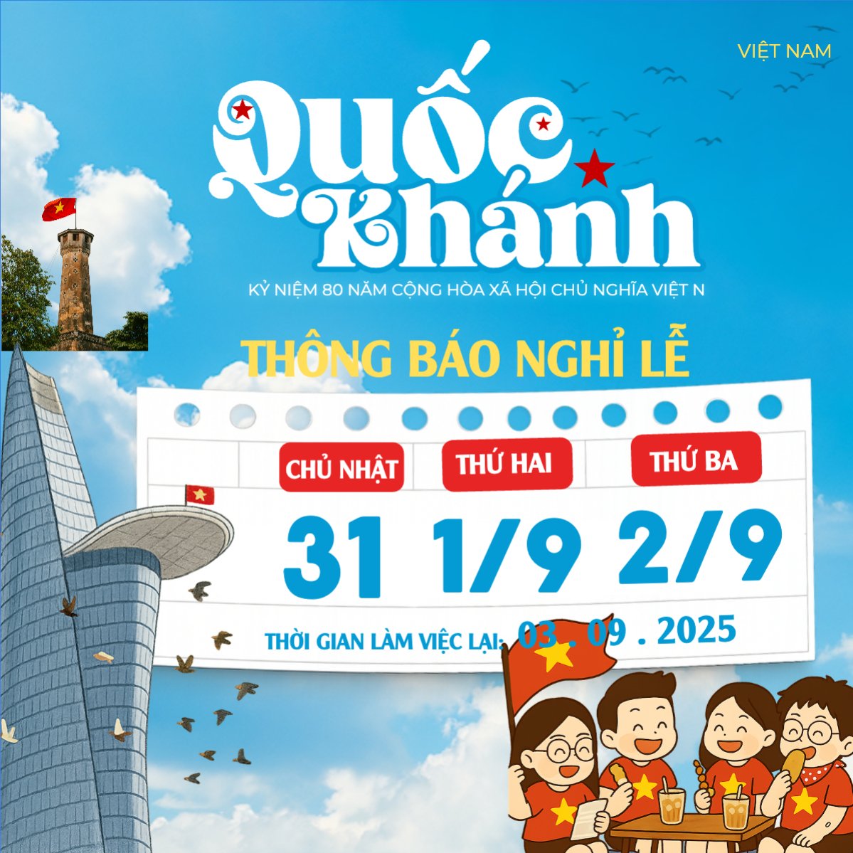 Mẫu Bài post MXH vuông 2/9, Quốc Khánh, lễ hội, thông báo, lịch nghỉ, Việt Nam, sự kiện, event, dễ thương, cute — LayerPic