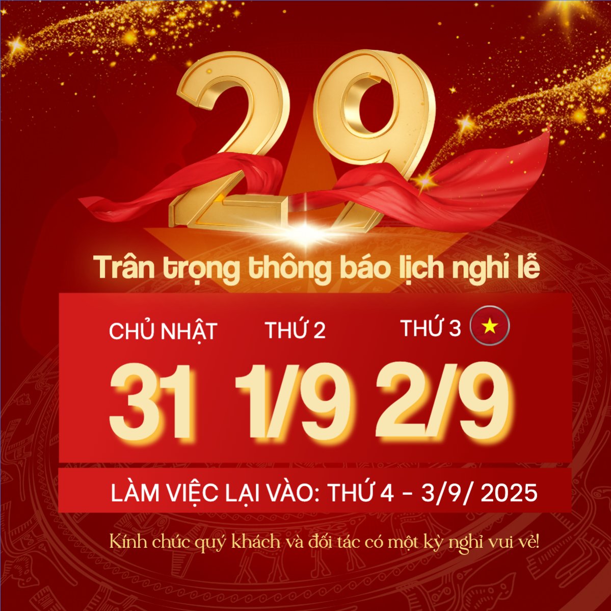 Mẫu Bài post MXH vuông 2/9, Quốc Khánh, lễ hội, thông báo, lịch nghỉ, Việt Nam, sự kiện, event, hiện đại, modern — LayerPic