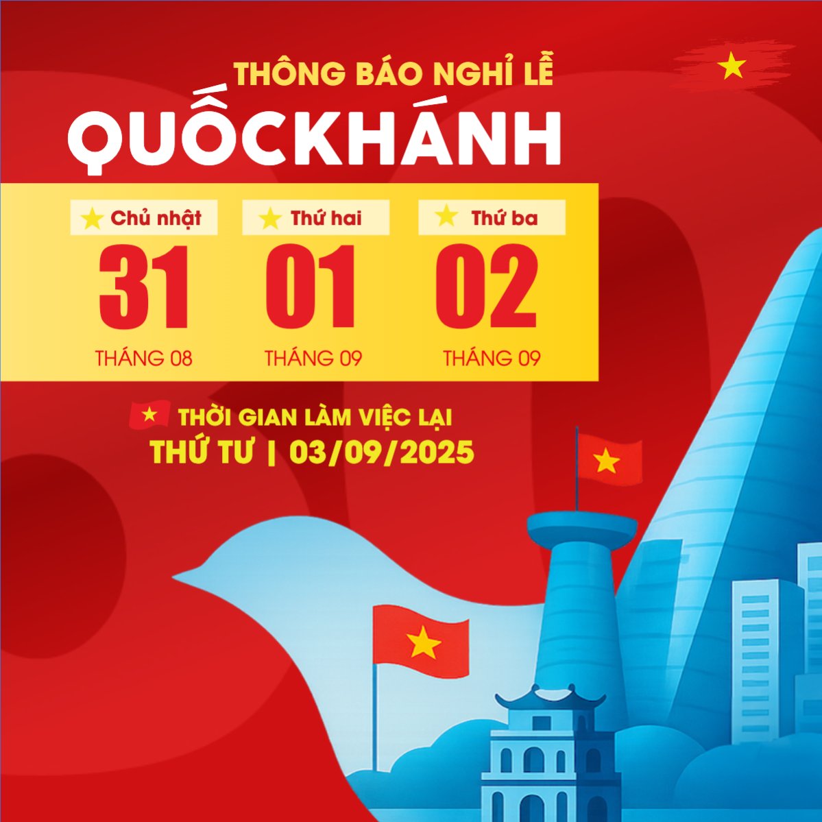 Mẫu Bài post MXH vuông 2/9, Quốc Khánh, lễ hội, thông báo, lịch nghỉ, Việt Nam, sự kiện, event, hiện đại, modern — LayerPic