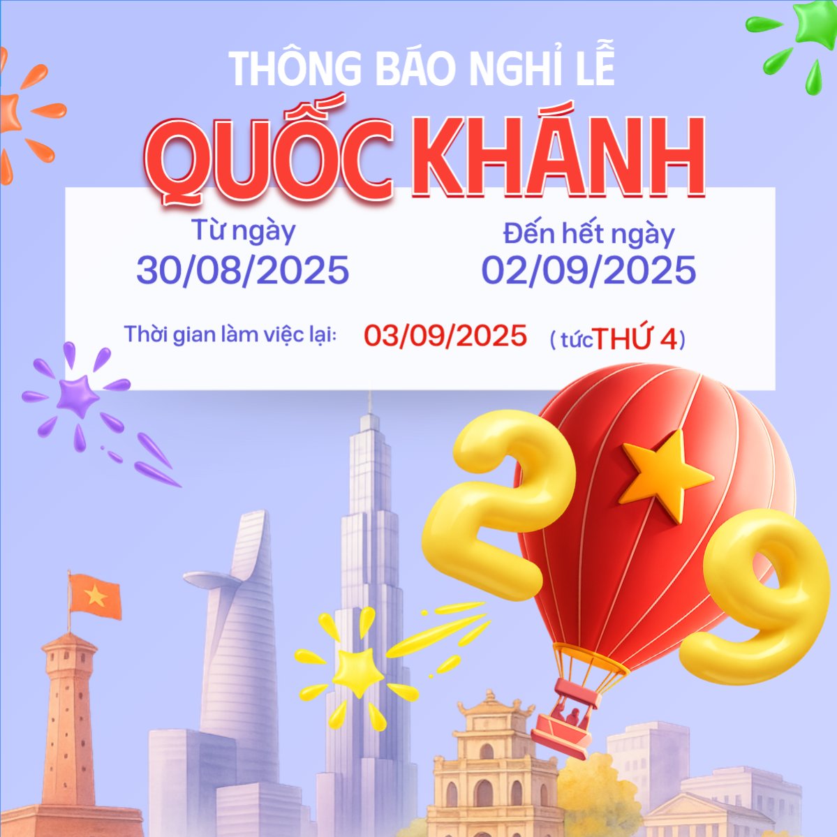 Mẫu Bài post MXH vuông 2/9, Quốc Khánh, lễ hội, thông báo, lịch nghỉ, Việt Nam, sự kiện, event, hiện đại, modern — LayerPic