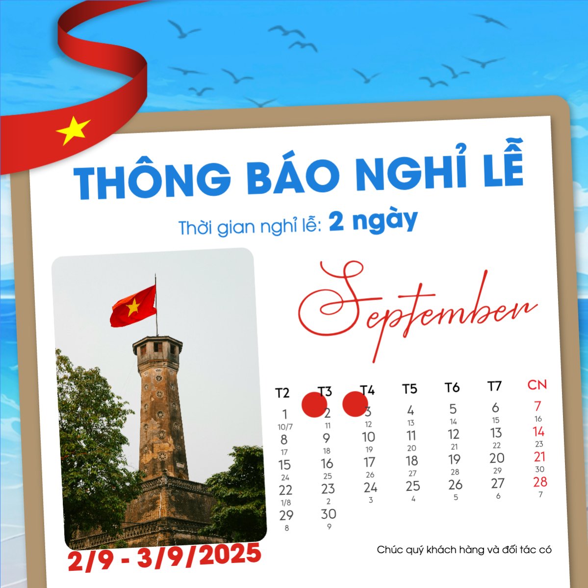 Mẫu Bài post MXH vuông 2/9, Quốc Khánh, lễ hội, thông báo, lịch nghỉ, Việt Nam, sự kiện, event, hiện đại, modern — LayerPic