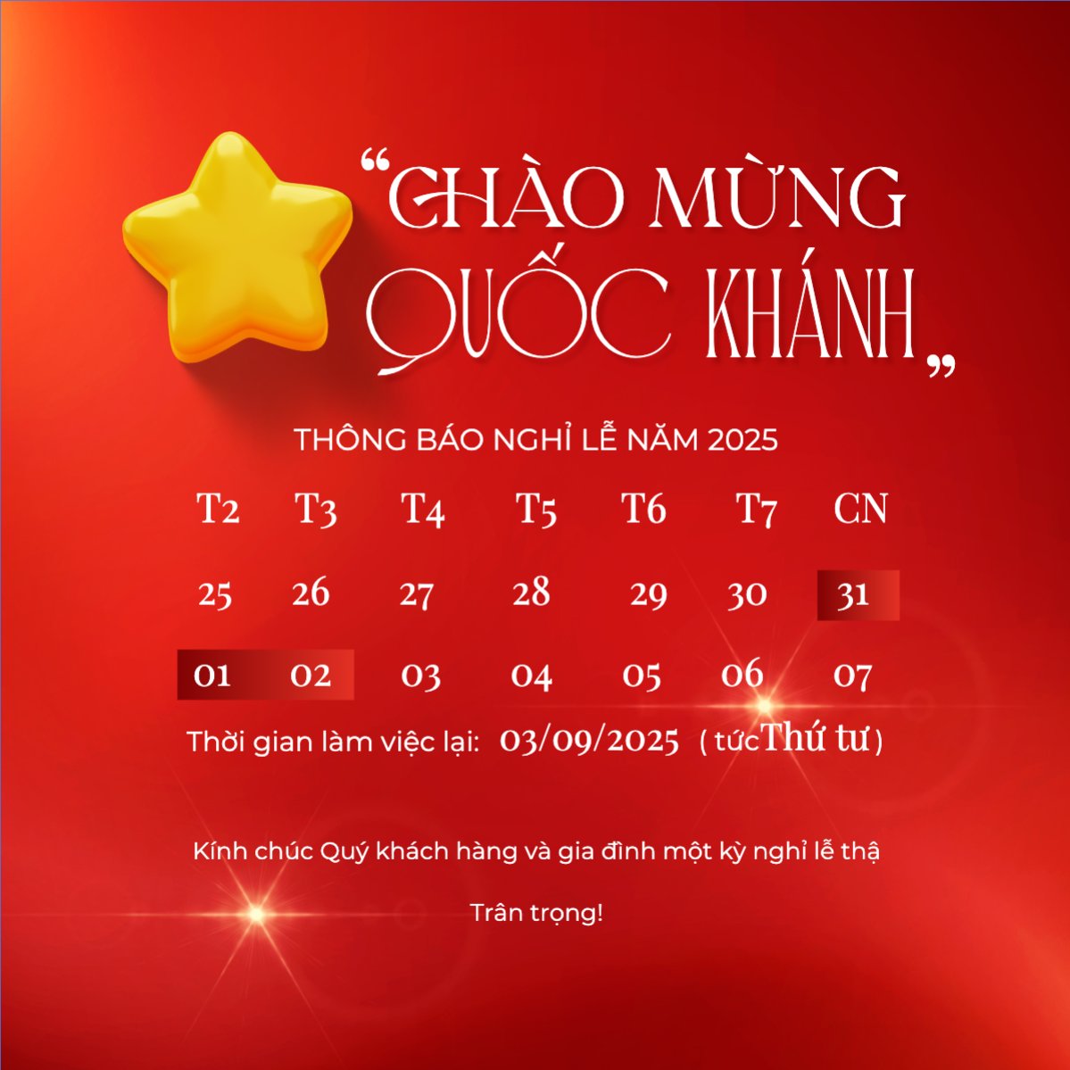 Mẫu Bài post MXH vuông 2/9, Quốc Khánh, lễ hội, thông báo, lịch nghỉ, Việt Nam, sự kiện, event, hiện đại, modern — LayerPic