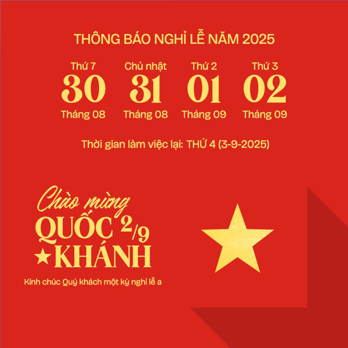 Mẫu Bài post MXH vuông 2/9, Quốc Khánh, lễ hội, thông báo, lịch nghỉ, Việt Nam, sự kiện, event, hiện đại, modern — LayerPic