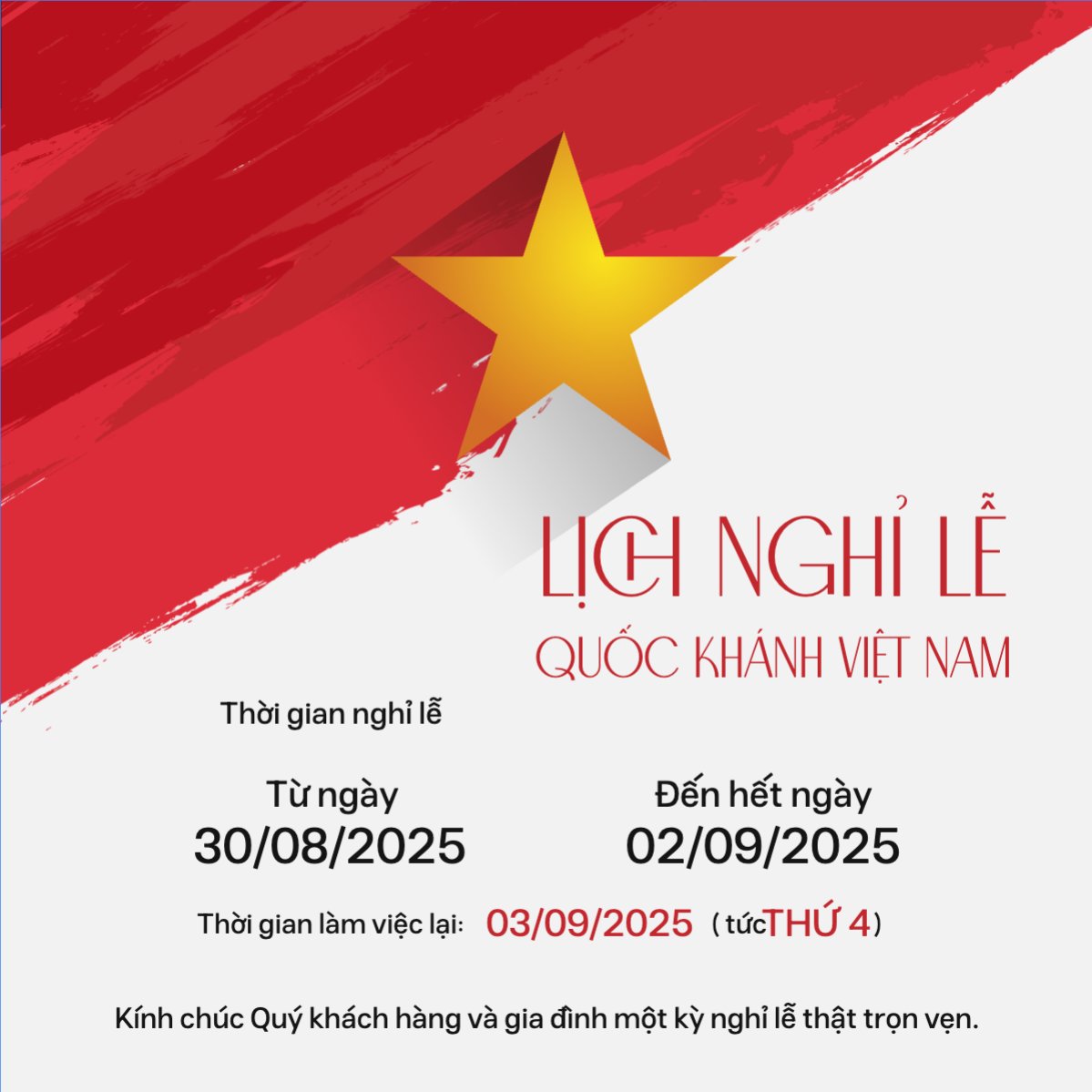 Mẫu Bài post MXH vuông 2/9, Quốc Khánh, lễ hội, thông báo, lịch nghỉ, Việt Nam, sự kiện, event, hiện đại, modern — LayerPic
