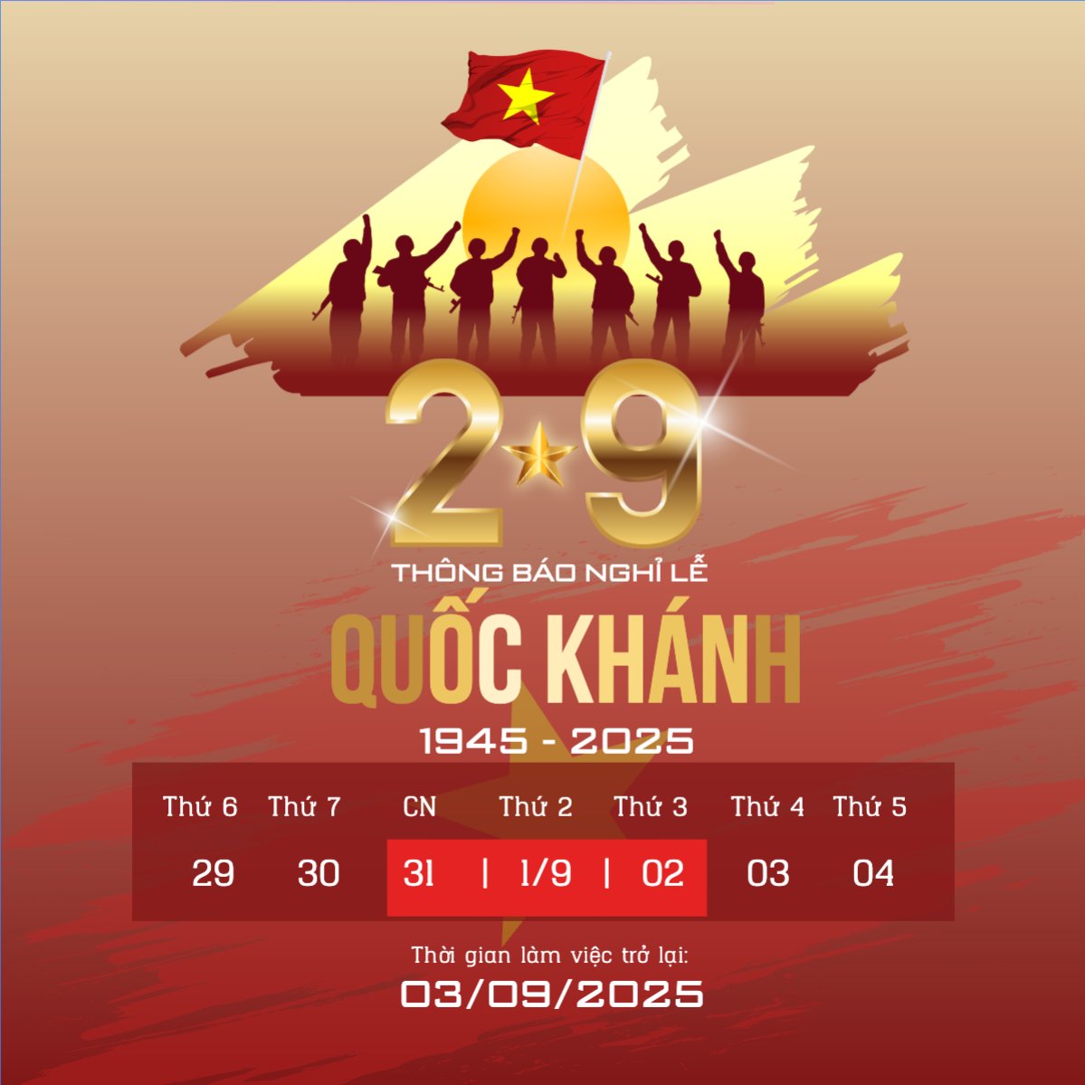 Mẫu Bài post MXH vuông 2/9, Quốc Khánh, lễ hội, thông báo, lịch nghỉ, Việt Nam, sự kiện, event, hiện đại, modern — LayerPic