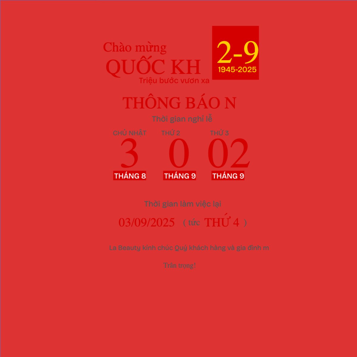 Mẫu Bài post MXH vuông 2/9, Quốc Khánh, lễ hội, thông báo, lịch nghỉ, Việt Nam, sự kiện, event, hiện đại, modern — LayerPic