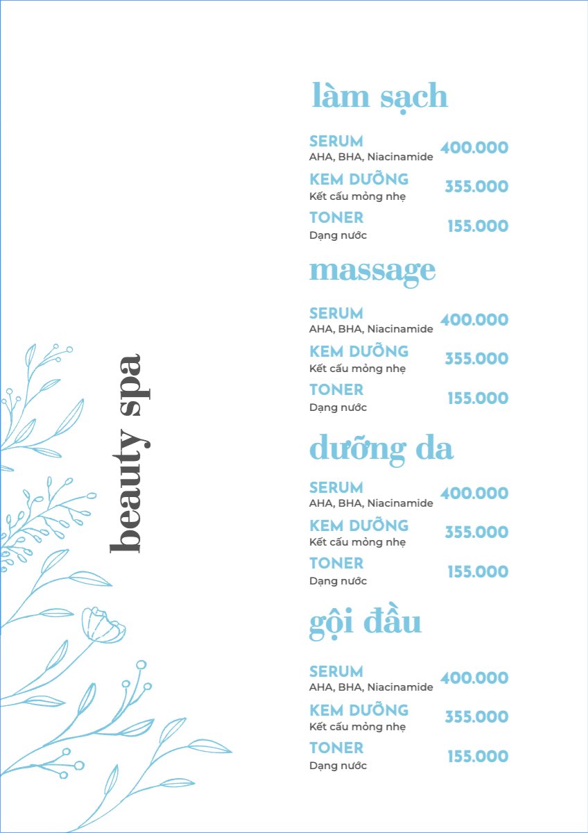 Mẫu Menu tờ rời (dọc) Spa, beauty, làm đẹp, thẩm mỹ, salon — LayerPic