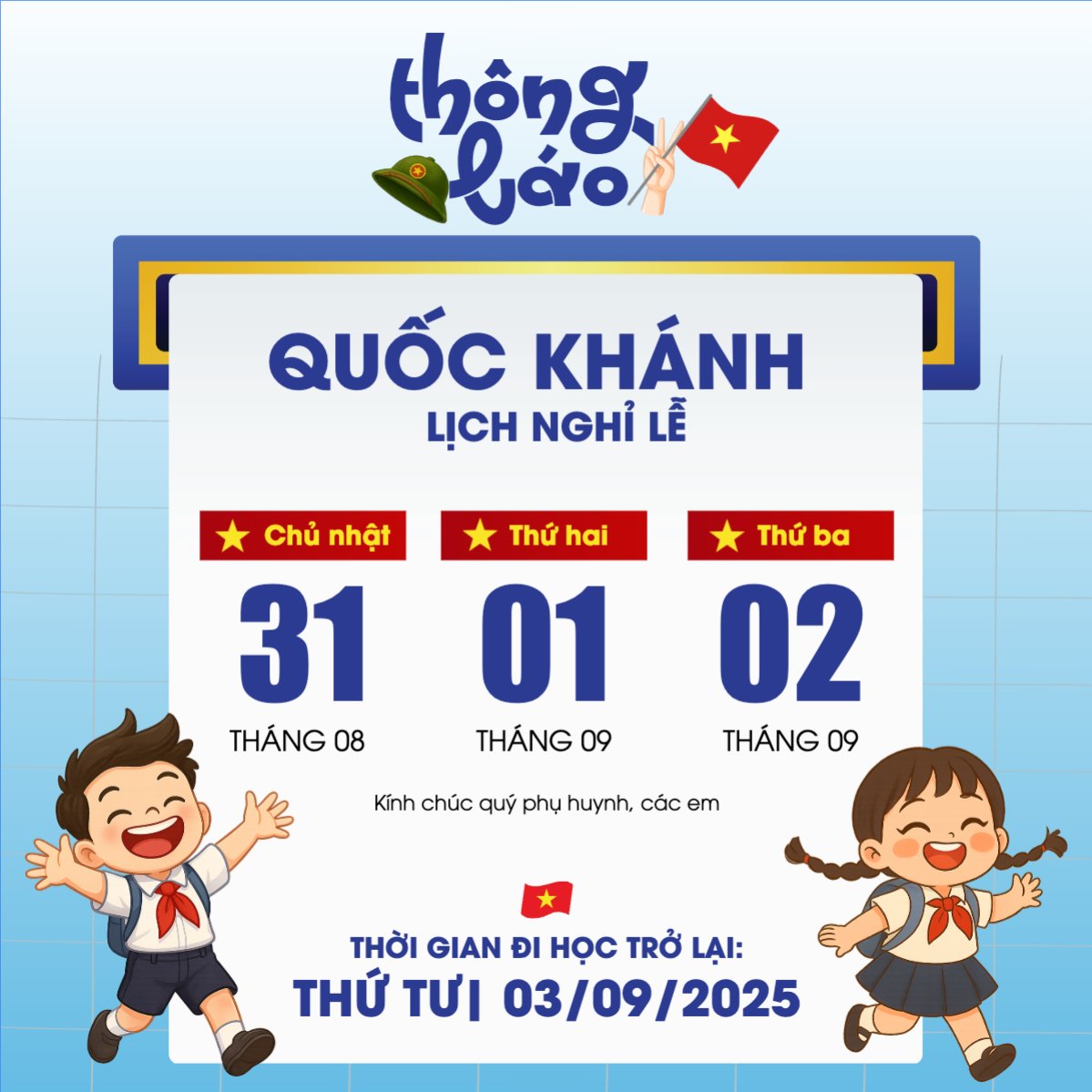 Mẫu Bài post MXH vuông 2/9, Quốc Khánh, lễ hội, thông báo, lịch nghỉ, Việt Nam, sự kiện, dễ thương, cute, chibi, hoạt hình, cartoon — LayerPic