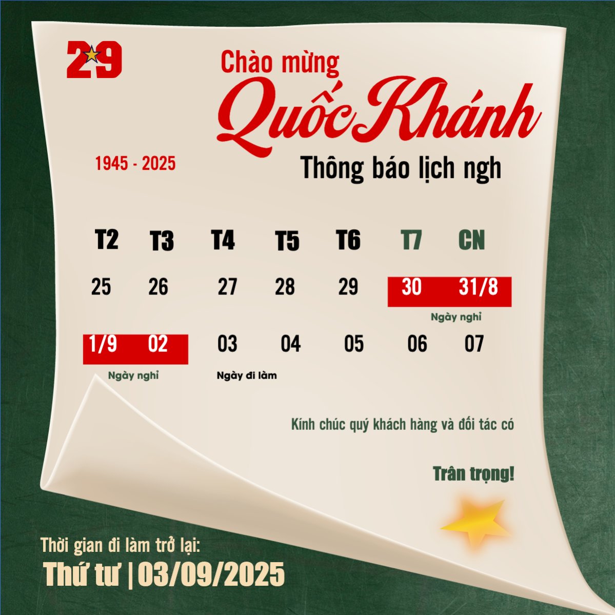 Mẫu Bài post MXH vuông 2/9, Quốc Khánh, lễ hội, thông báo, lịch nghỉ, Việt Nam, sự kiện, event, hiện đại, modern, dễ thương, cute — LayerPic
