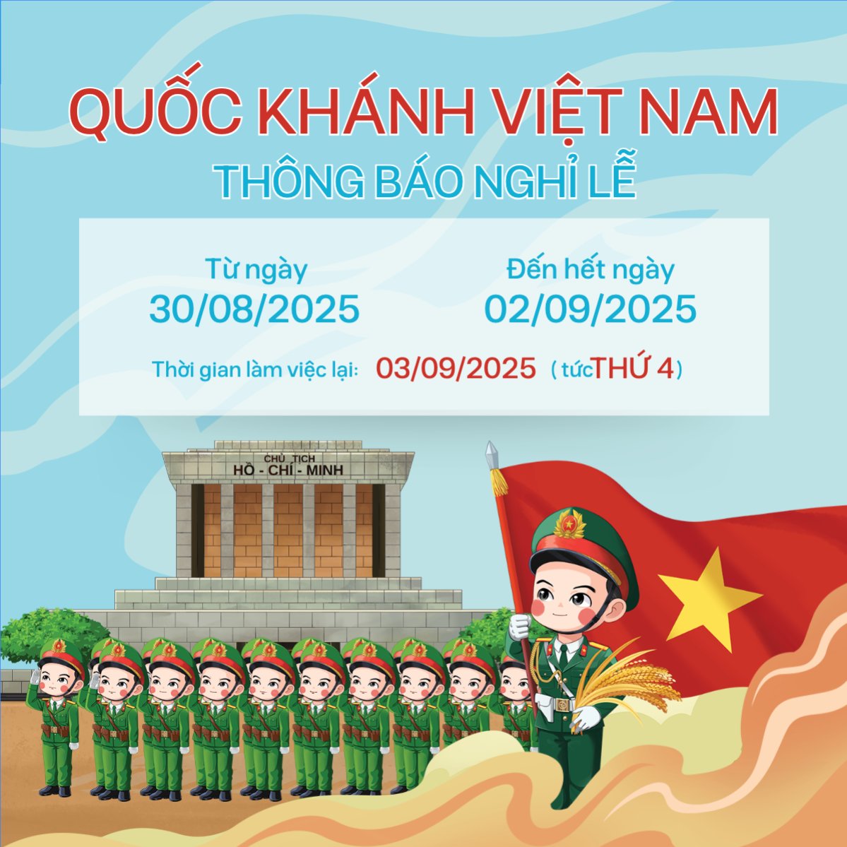 Mẫu Bài post MXH vuông 2/9, Quốc Khánh, lễ hội, thông báo, lịch nghỉ, Việt Nam, sự kiện, event, dễ thương, cute — LayerPic