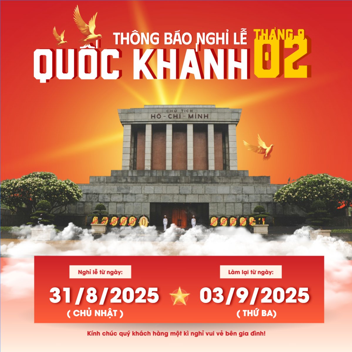 Mẫu Bài post MXH vuông 2/9, Quốc Khánh, lễ hội, thông báo, lịch nghỉ, Việt Nam, sự kiện, event, hiện đại, modern — LayerPic