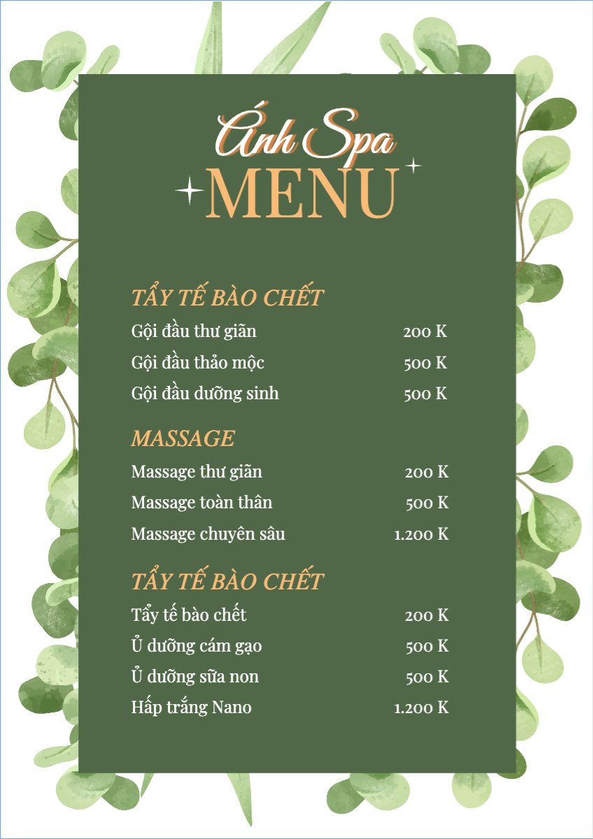 Mẫu Menu tờ rời (dọc) Spa, beauty, làm đẹp, thẩm mỹ, salon — LayerPic