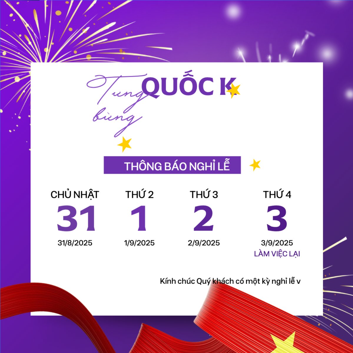 Mẫu Bài post MXH vuông 2/9, Quốc Khánh, lễ hội, thông báo, lịch nghỉ, Việt Nam, sự kiện, event, hiện đại, modern — LayerPic
