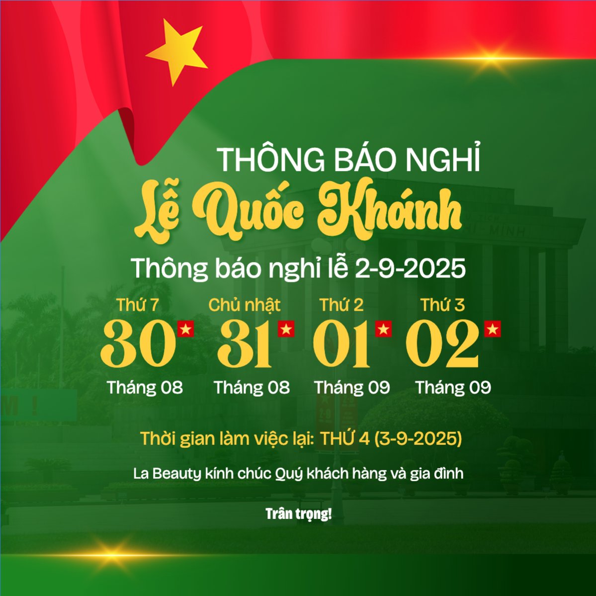 Mẫu Bài post MXH vuông 2/9, Quốc Khánh, lễ hội, thông báo, lịch nghỉ, Việt Nam, sự kiện, event, hiện đại, modern — LayerPic
