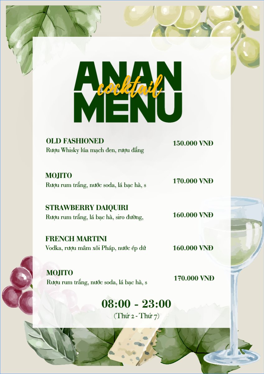 Mẫu Menu tờ rời (dọc) Nước uống, juice, giải khát, F&B, drink, cocktail — LayerPic