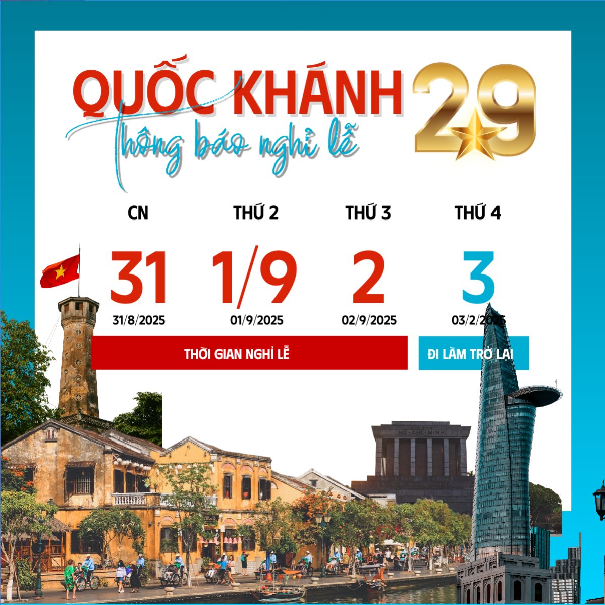 Mẫu Bài post MXH vuông 2/9, Quốc Khánh, lễ hội, thông báo, lịch nghỉ, Việt Nam, sự kiện, event, hiện đại, modern — LayerPic