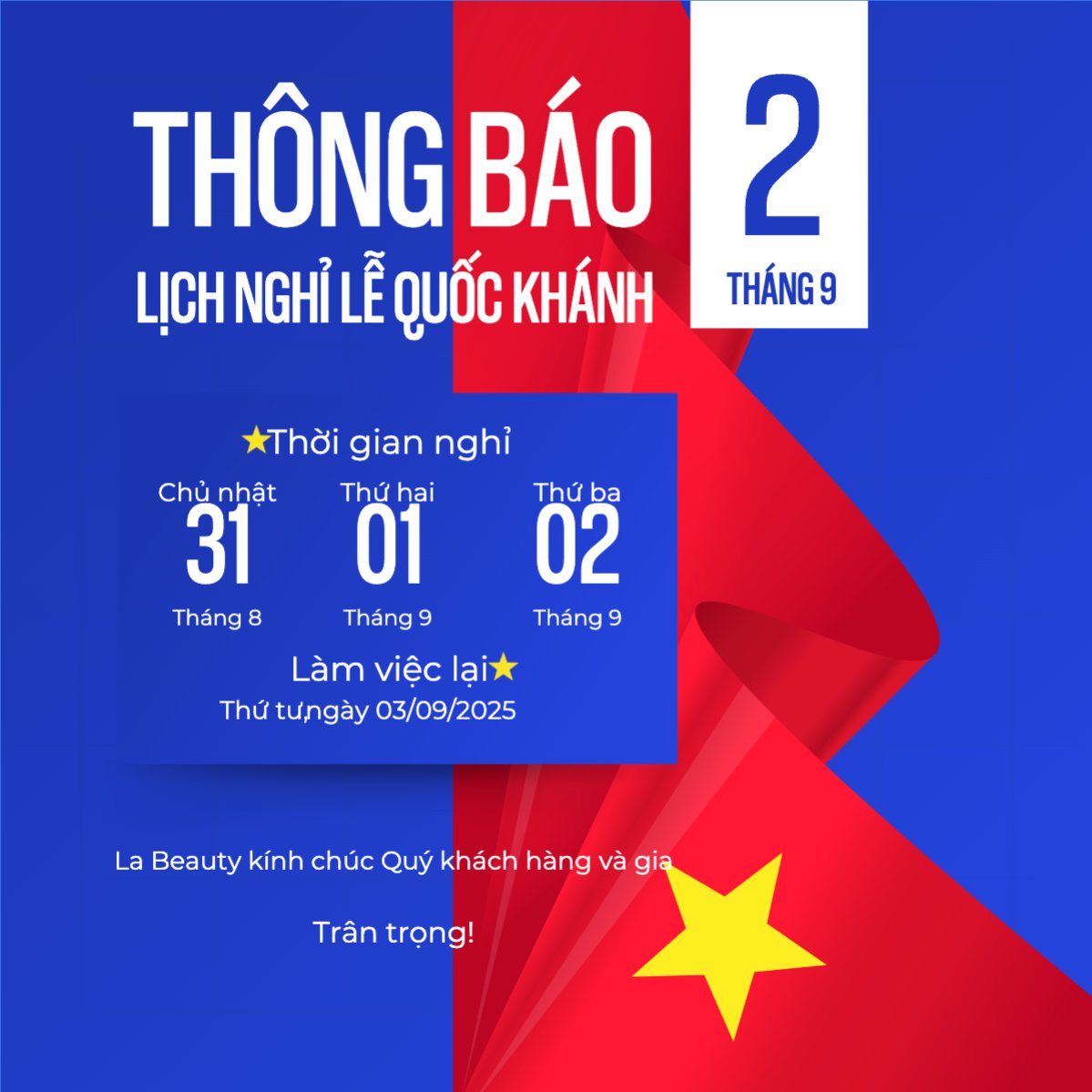 Mẫu Bài post MXH vuông 2/9, Quốc Khánh, lễ hội, thông báo, lịch nghỉ, Việt Nam, sự kiện, event, hiện đại, modern — LayerPic