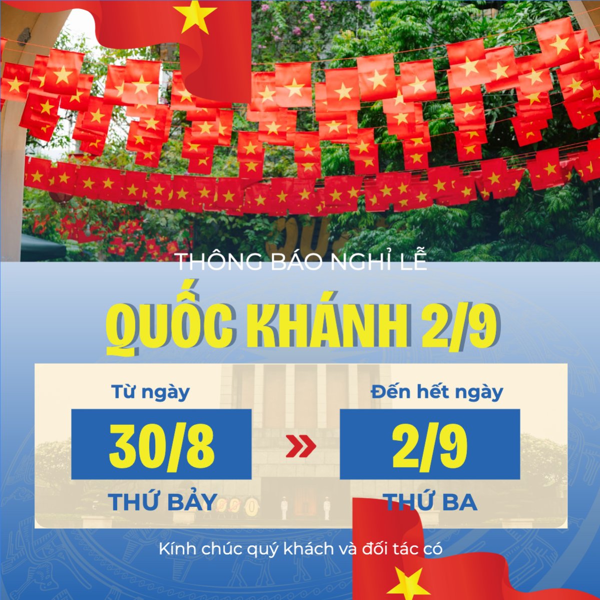 Mẫu Bài post MXH vuông 2/9, Quốc Khánh, lễ hội, thông báo, lịch nghỉ, Việt Nam, sự kiện, event, hiện đại, modern — LayerPic