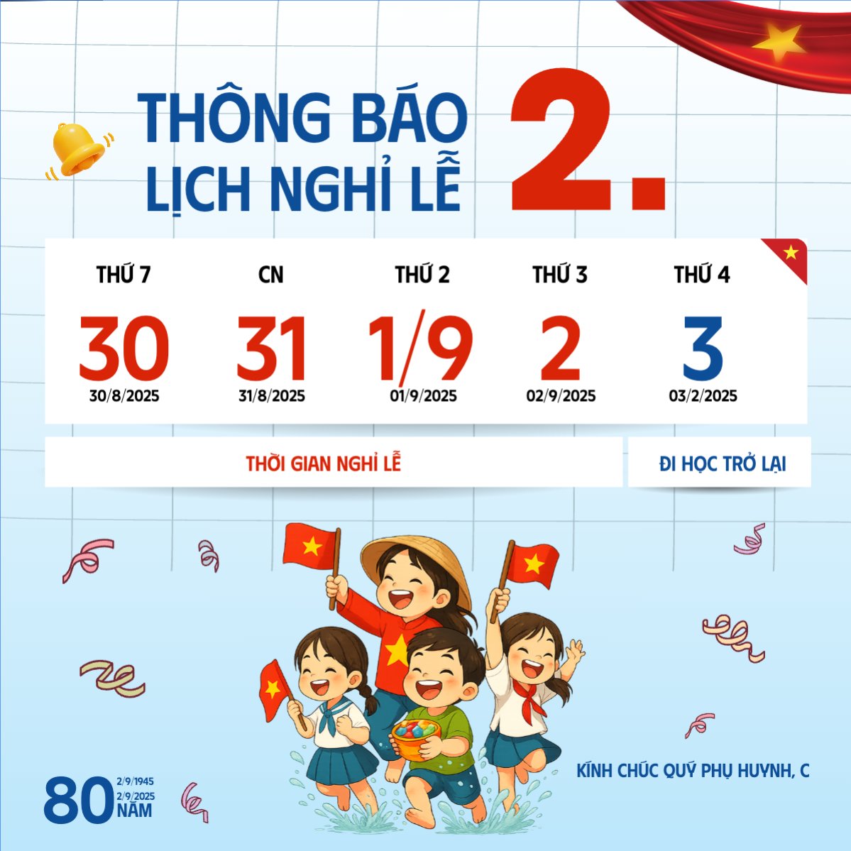 Mẫu Bài post MXH vuông 2/9, Quốc Khánh, lễ hội, thông báo, lịch nghỉ, Việt Nam, sự kiện, dễ thương, cute, chibi, hoạt hình, cartoon — LayerPic