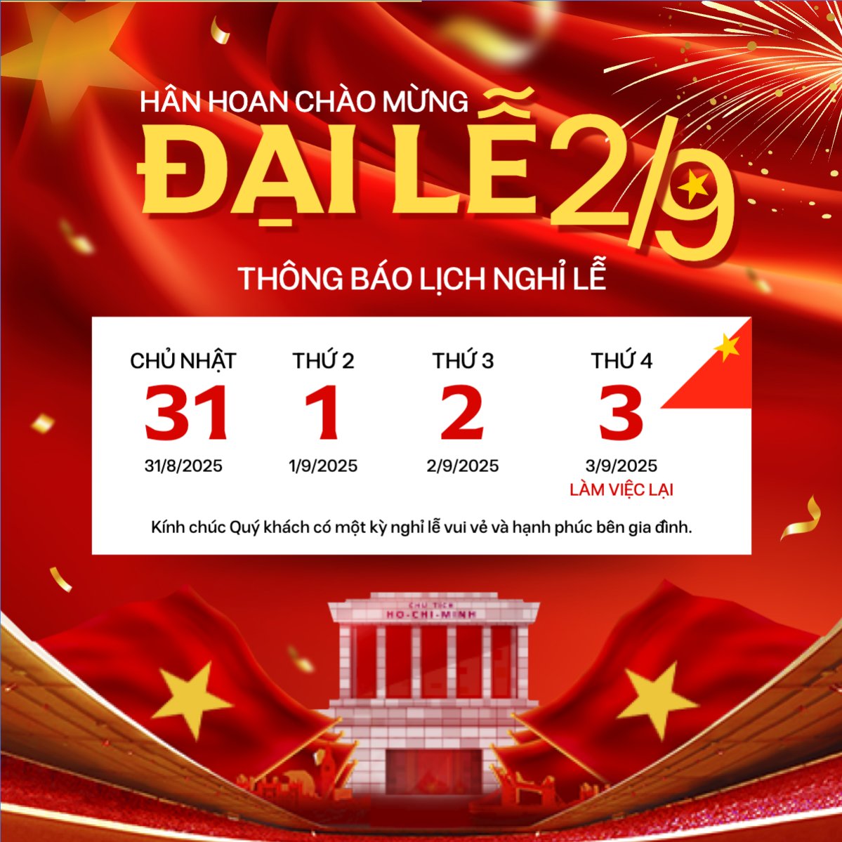 Mẫu Bài post MXH vuông 2/9, Quốc Khánh, lễ hội, thông báo, lịch nghỉ, Việt Nam, sự kiện, event, hiện đại, modern — LayerPic