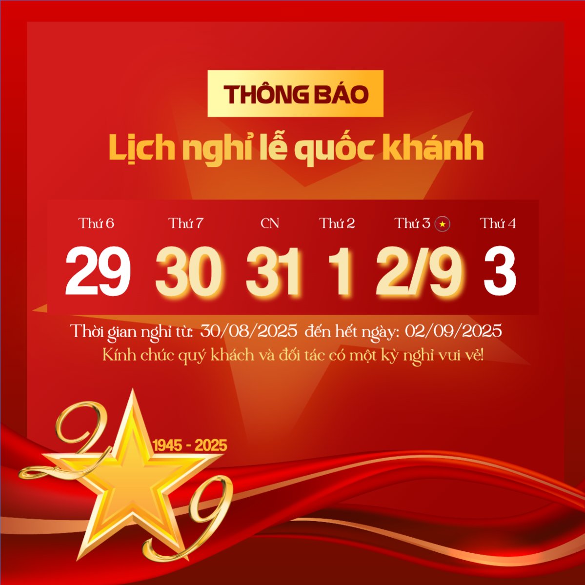 Mẫu Bài post MXH vuông 2/9, Quốc Khánh, lễ hội, thông báo, lịch nghỉ, Việt Nam, sự kiện, event, hiện đại, modern — LayerPic