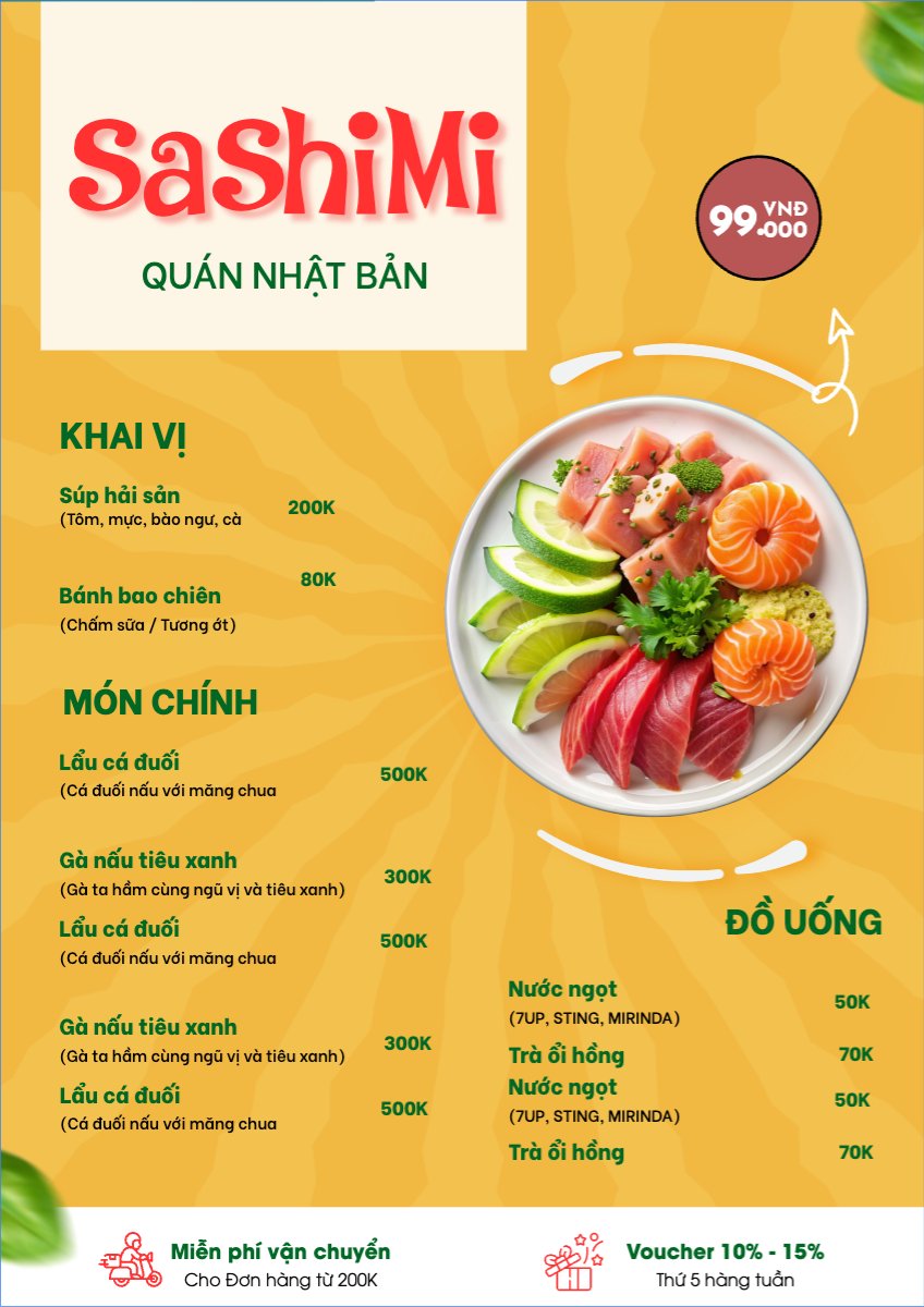 Mẫu Menu tờ rời (dọc) Đồ ăn, food, thực phẩm, ẩm thực, món ăn, F&B, nhà hàng, thức ăn, sashimi — LayerPic