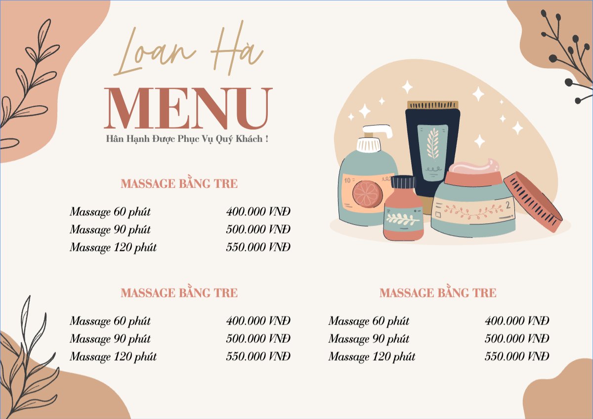 Mẫu Menu tờ rời (ngang) Spa, beauty, làm đẹp, thẩm mỹ, gội đầu, massage — LayerPic