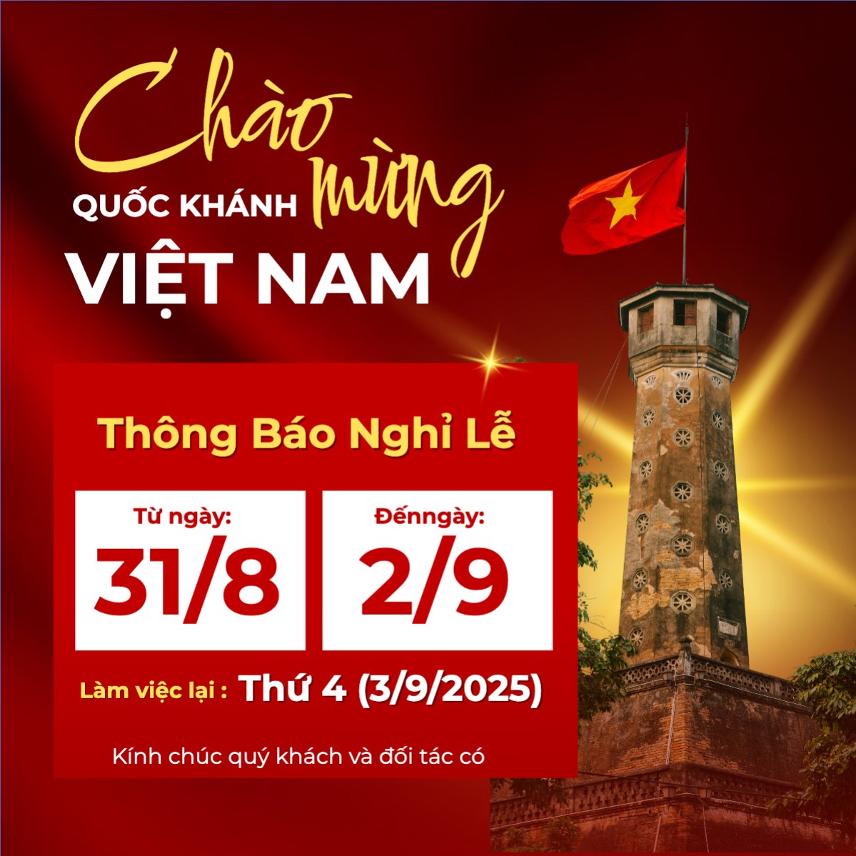 Mẫu Bài post MXH vuông 2/9, Quốc Khánh, lễ hội, thông báo, lịch nghỉ, Việt Nam, sự kiện, event, hiện đại, modern — LayerPic