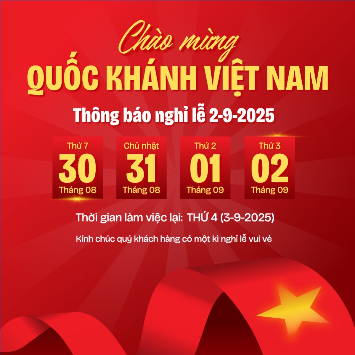 Mẫu Bài post MXH vuông 2/9, Quốc Khánh, lễ hội, thông báo, lịch nghỉ, Việt Nam, sự kiện, event, hiện đại, modern — LayerPic