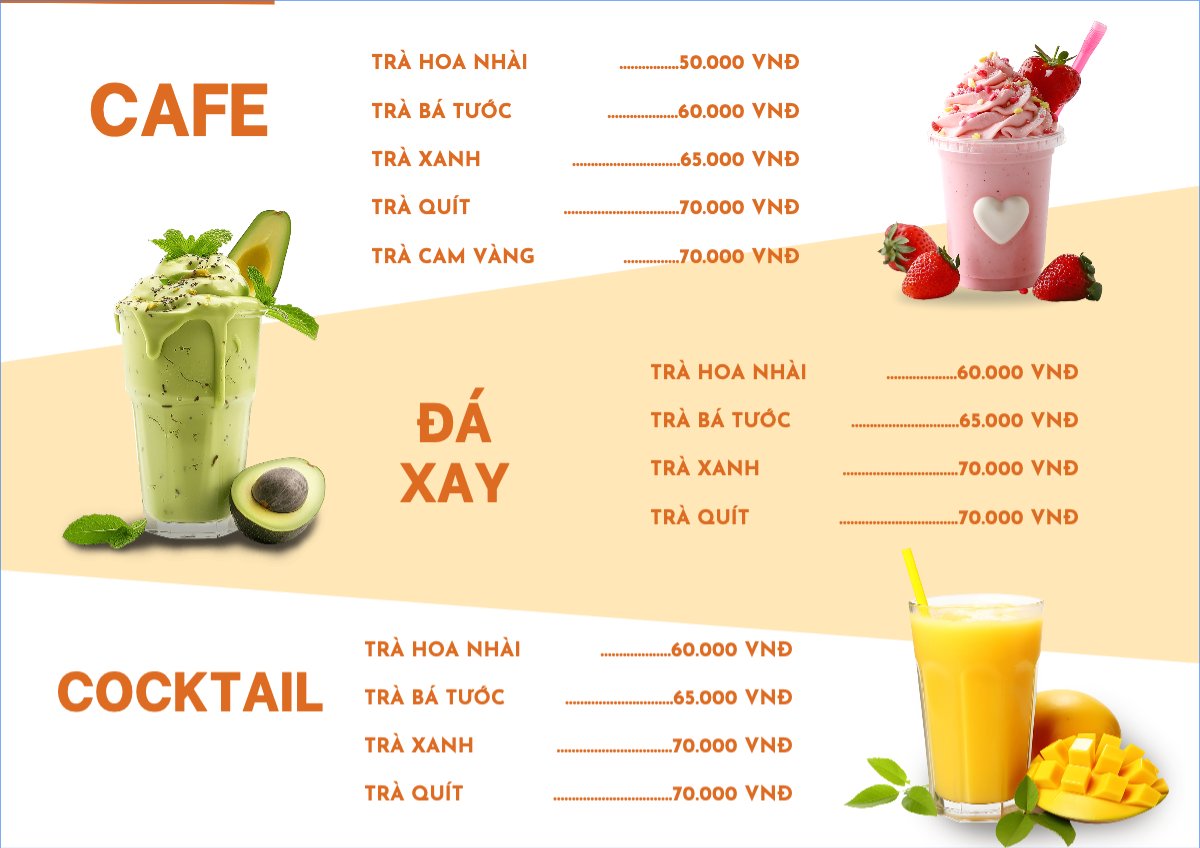 Mẫu Menu tờ rời (ngang) Nước uống, juice, giải khát, F&B, drink, nước ép, smoothie, sinh tố, đá xay — LayerPic
