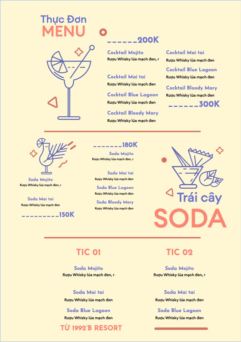 Mẫu Menu tờ rời (dọc) Nước uống, juice, giải khát, F&B, drink — LayerPic