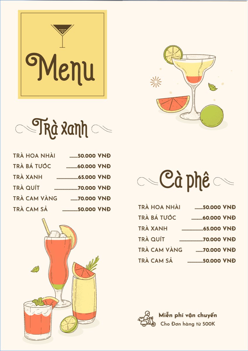 Mẫu Menu tờ rời (dọc) Nước uống, juice, giải khát, F&B, drink — LayerPic