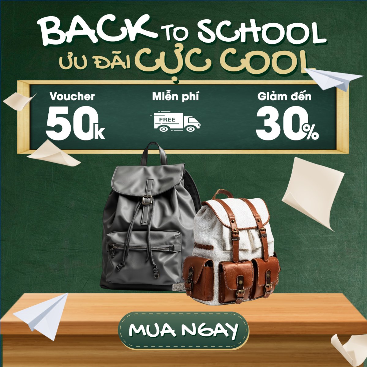 Mẫu Bài post MXH vuông Tựu trường, đến trường, nhập học, giáo dục, education, school, trường học, túi, bag, balo, hiện đại, modern — LayerPic