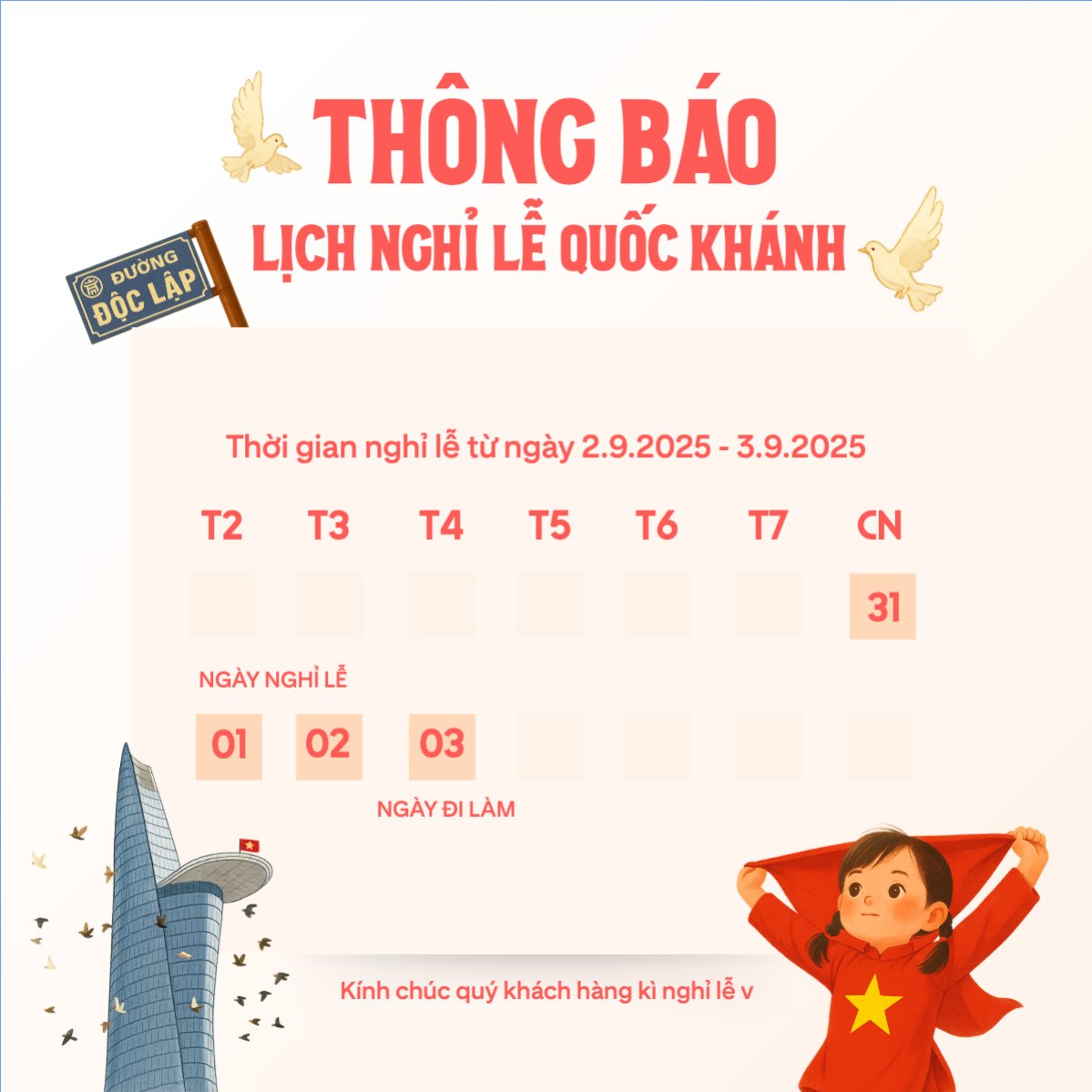 Mẫu Bài post MXH vuông 2/9, Quốc Khánh, lễ hội, thông báo, lịch nghỉ, Việt Nam, sự kiện, event, dễ thương, cute — LayerPic