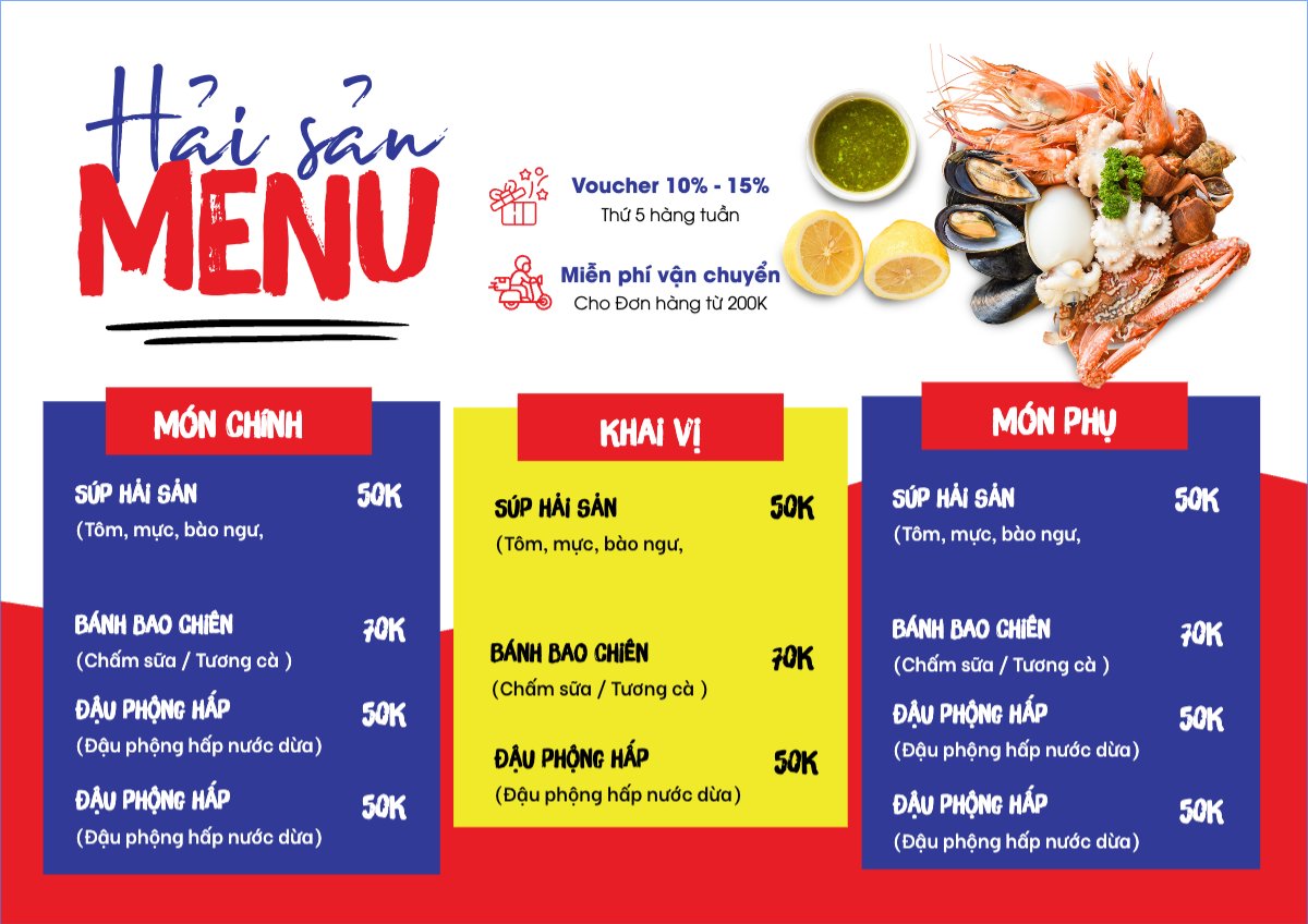 Mẫu Menu tờ rời (ngang) Đồ ăn, food, thực phẩm, ẩm thực, món ăn, F&B, nhà hàng, thức ăn, hải sản, seafood — LayerPic