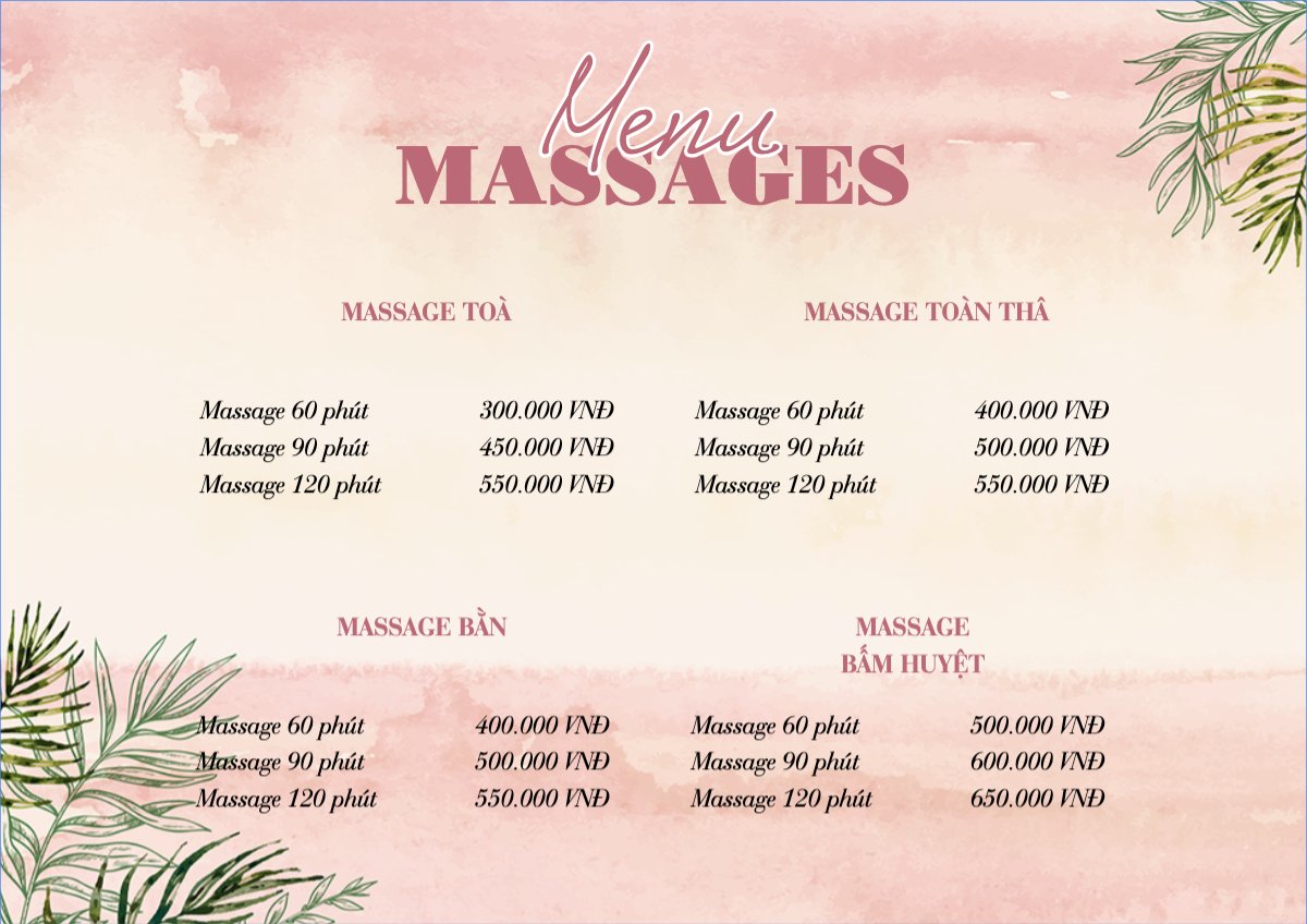 Mẫu Menu tờ rời (ngang) Spa, beauty, làm đẹp, thẩm mỹ, gội đầu, massage — LayerPic