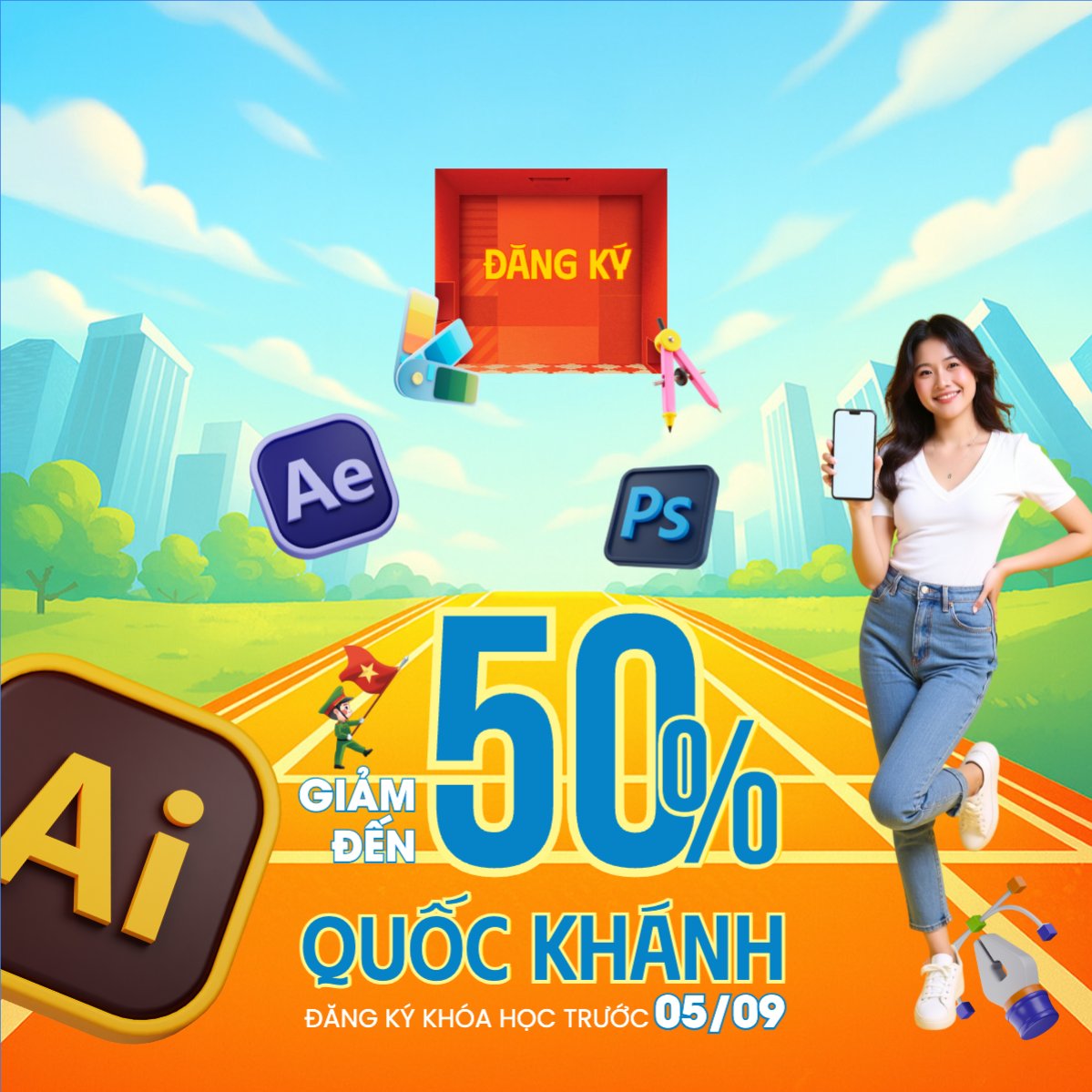 Mẫu Bài post MXH vuông 2/9, Quốc Khánh, lễ hội, Việt Nam, giáo dục, education, school, trường học, dễ thương, cute, chibi, hoạt hình, cartoon — LayerPic